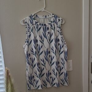 Temu Sleeveless White Top with Blue Leaf Print